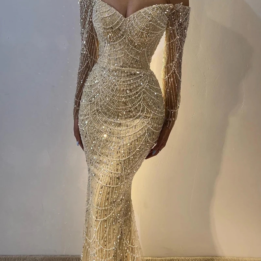 Gold Sequin Embellished Long Sleeve Gown